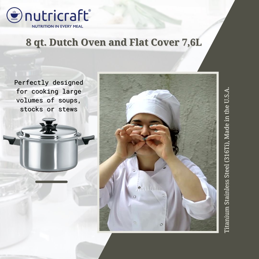 Nutricraft 8 qt. Dutch Oven and Flat Cover 7.6L, Titanium Stainless Steel (316Ti), Made in U.S.A.
